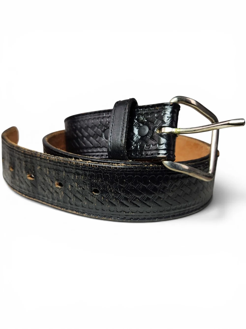 Genuine Leather Black Tooled Basketweave Belt Size 40 Embossed Western Casual